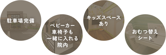 駐車場完備/ベビーカー車椅子も一緒に入れる院内/キッズスペースあり/おむつ替えシート